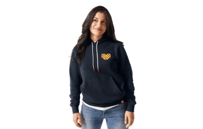 Woman wearing Chick-Fil-A Waffle Sweatshirt