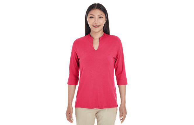 woman wearing coral pink keyhole neck blouse - corporate apparel employee uniform
