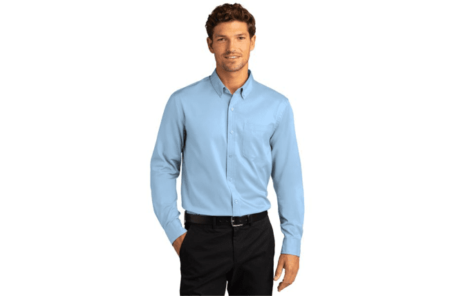 man wearing light blue button-down dress shirt - corporate apparel employee uniform