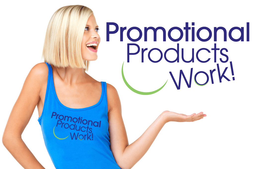 woman in branded tank top excited about promotional products