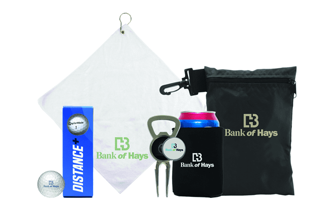 golf essentials in a custom branded bag
