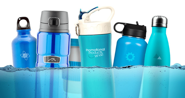 collection of blue and green water bottles with logos, floating in water