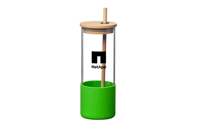 glass tumbler with bamboo lid, silicone base and straw