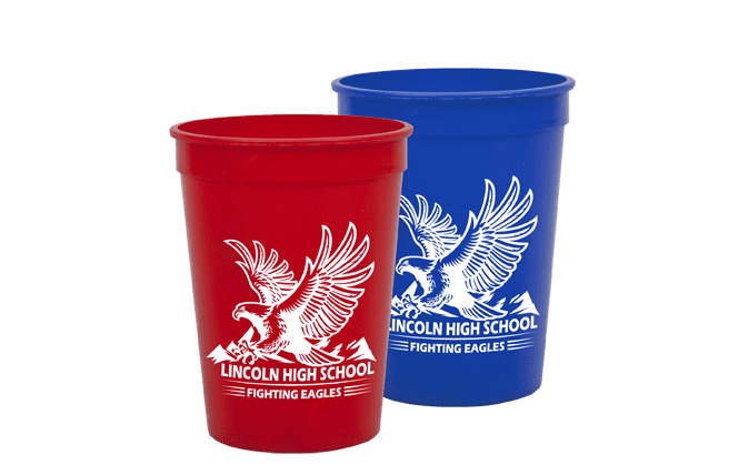 red and blue plastic stadium cups with eagle decoration