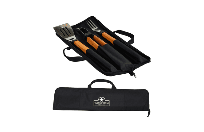 Three-Piece Wooden Barbecue Tools Set in a black canvas carrying case