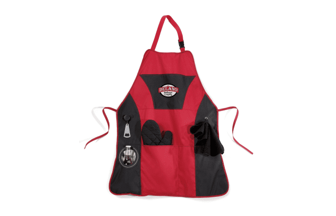 Grill Master Apron Kit with two-tone apron, detachable bottle opener, padded oven mitt and towel