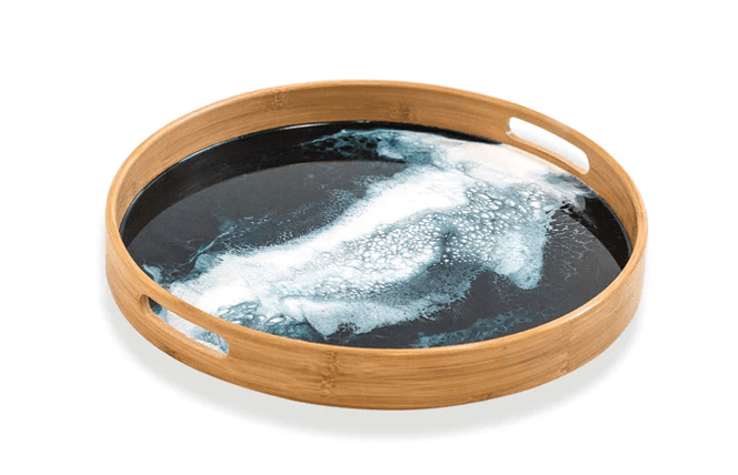 round bamboo serving tray with enamel inlay