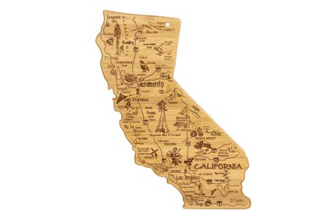 bamboo cutting board in the shape of California