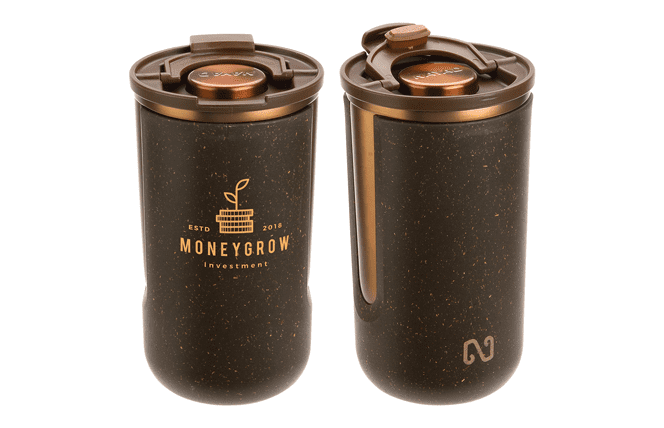 brown tumbler with lid, partly made with recycled coffee grounds