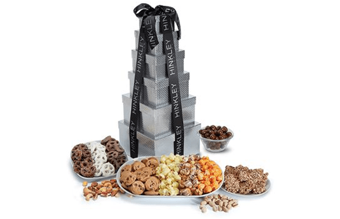 tower of treats - selection of gourmet popcorns, chocolate dipped pretzels and mixed nuts
