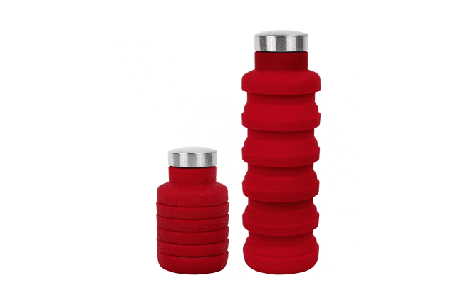 collapsible silicone water bottle for travel - red with silver lid