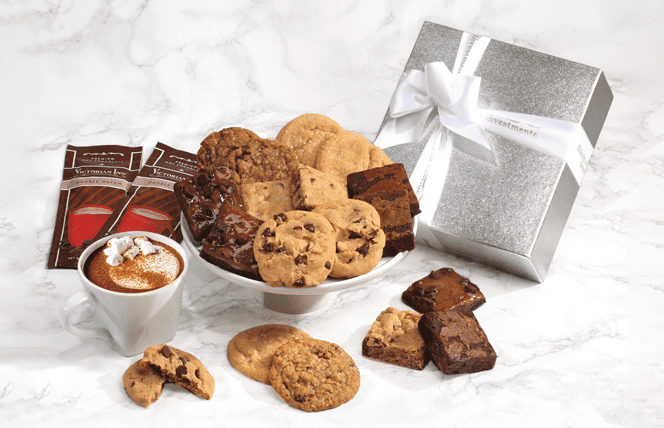 Cookies, Brownies & Hot Cocoa sampler in a silver gift box