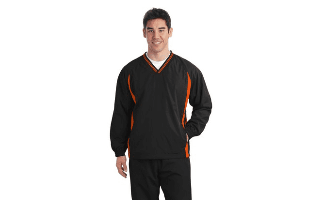 man wearing team warm-up overshirt, black with orange details