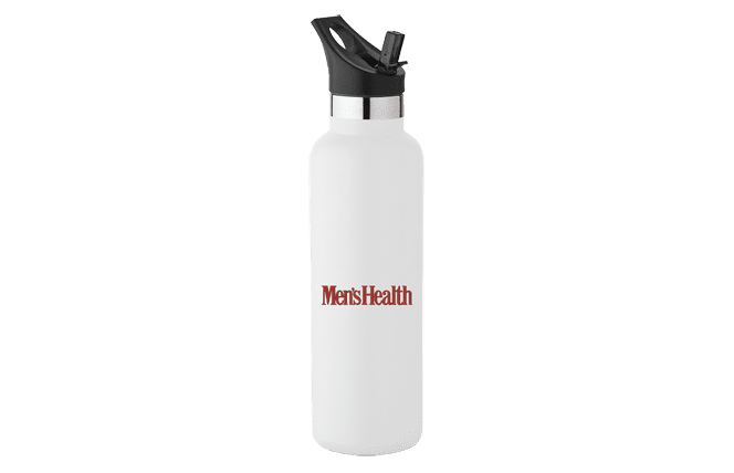 branded water bottle with handle and straw built-in lid