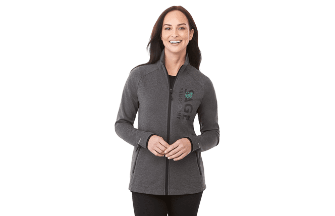 woman wearing softshell jacket with full zip and custom logo at left chest