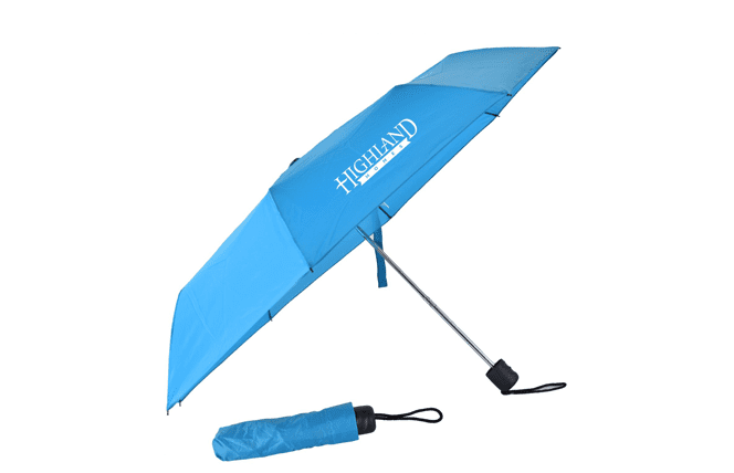 turquoise umbrella open with logo