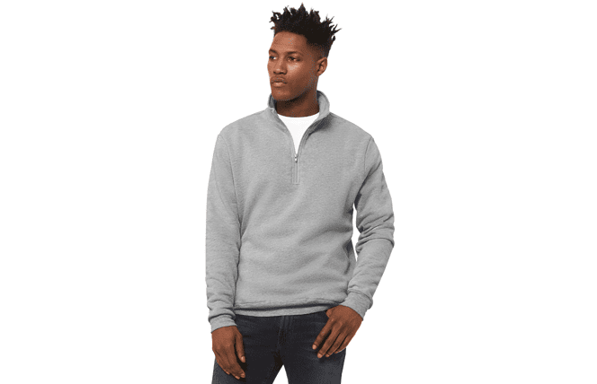 man wearing gray quarter-zip fleece pullover with popped collar
