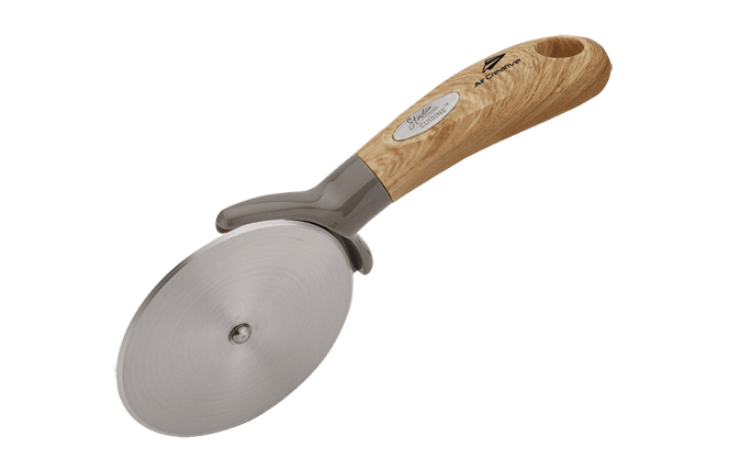 wood handle rotary pizza cutter with logo on the handle