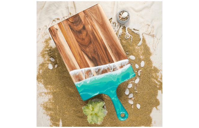 brandable acacia cheese board with surf resin decoration on the handle