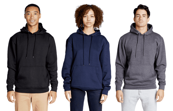 three people wearing hoodies made with recycled polyester