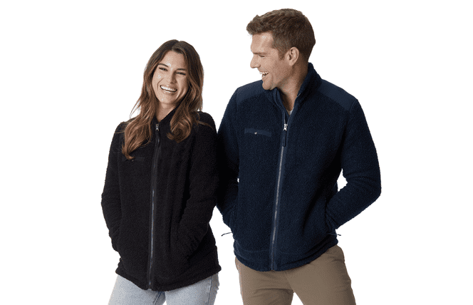 woman and man wearing black fleece full-zip jackets